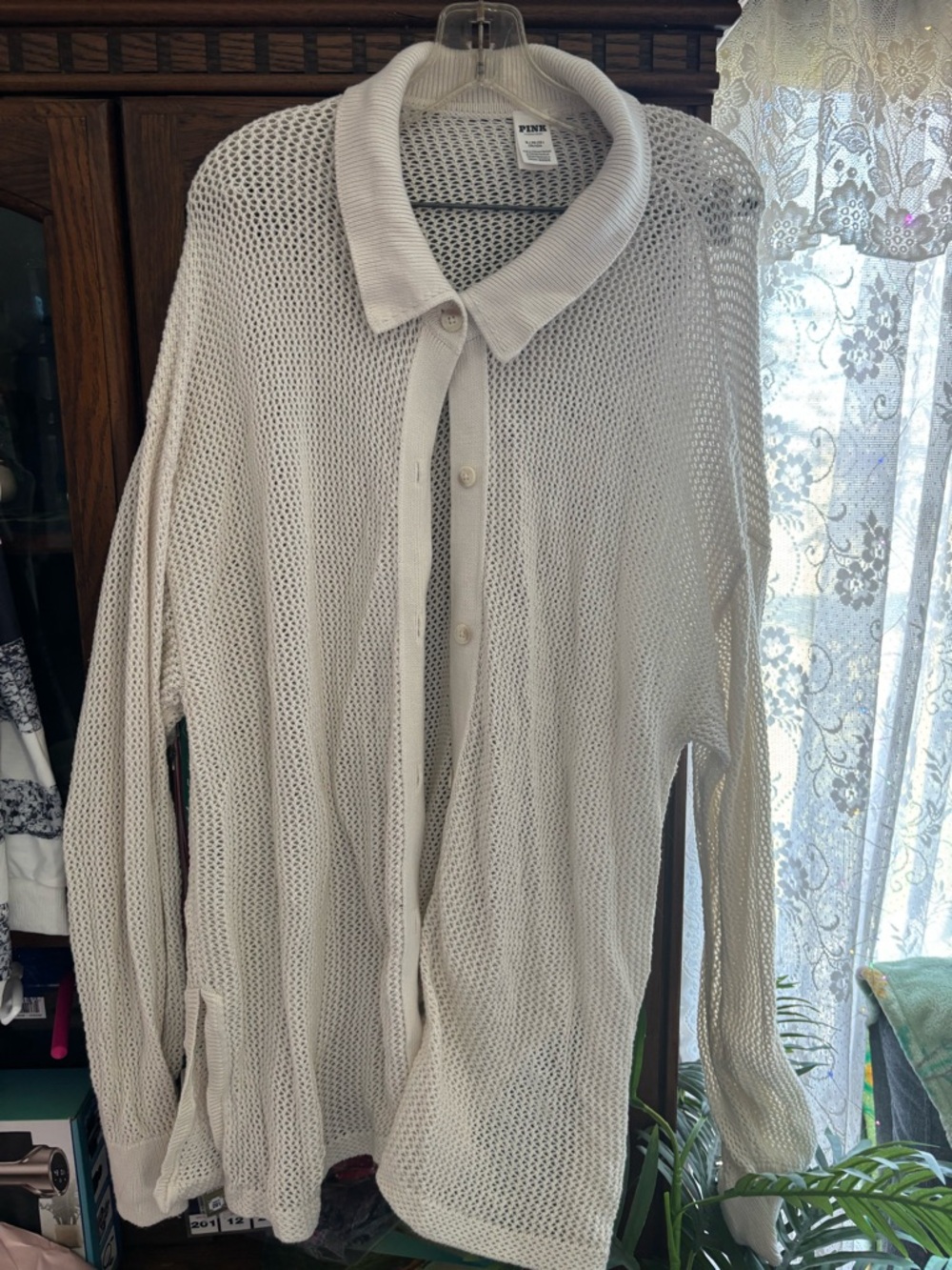 PINK Victoria's Secret White Open-Knit Button-Up Cardigan